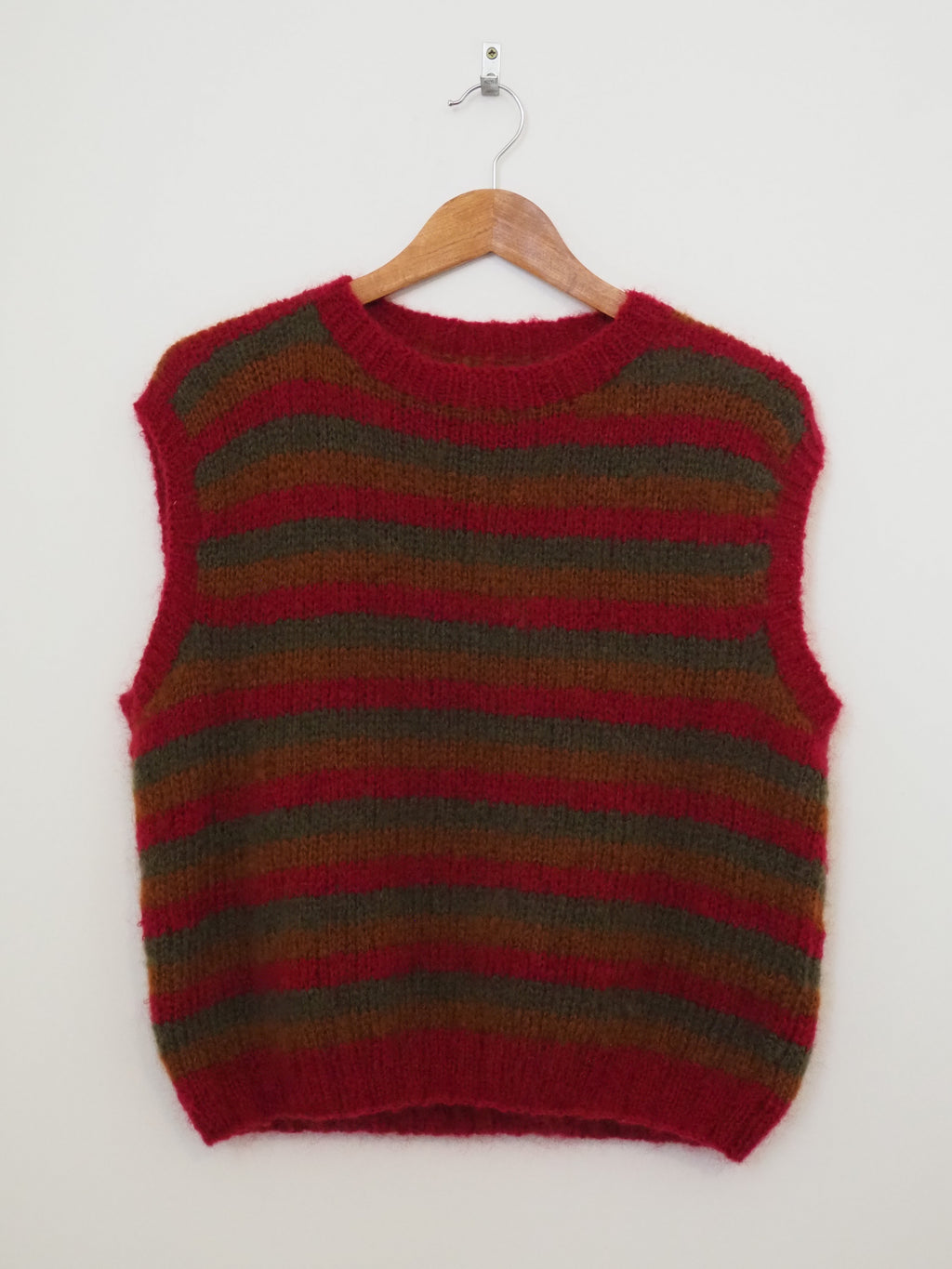 Hand knit vest - Red, green + tan